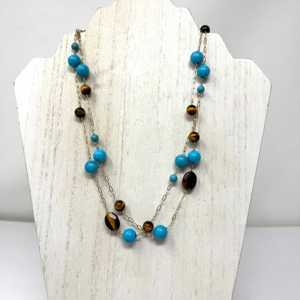 14K, turquoise and tiger’s eye beaded versatile necklace - Picture 9 of 12